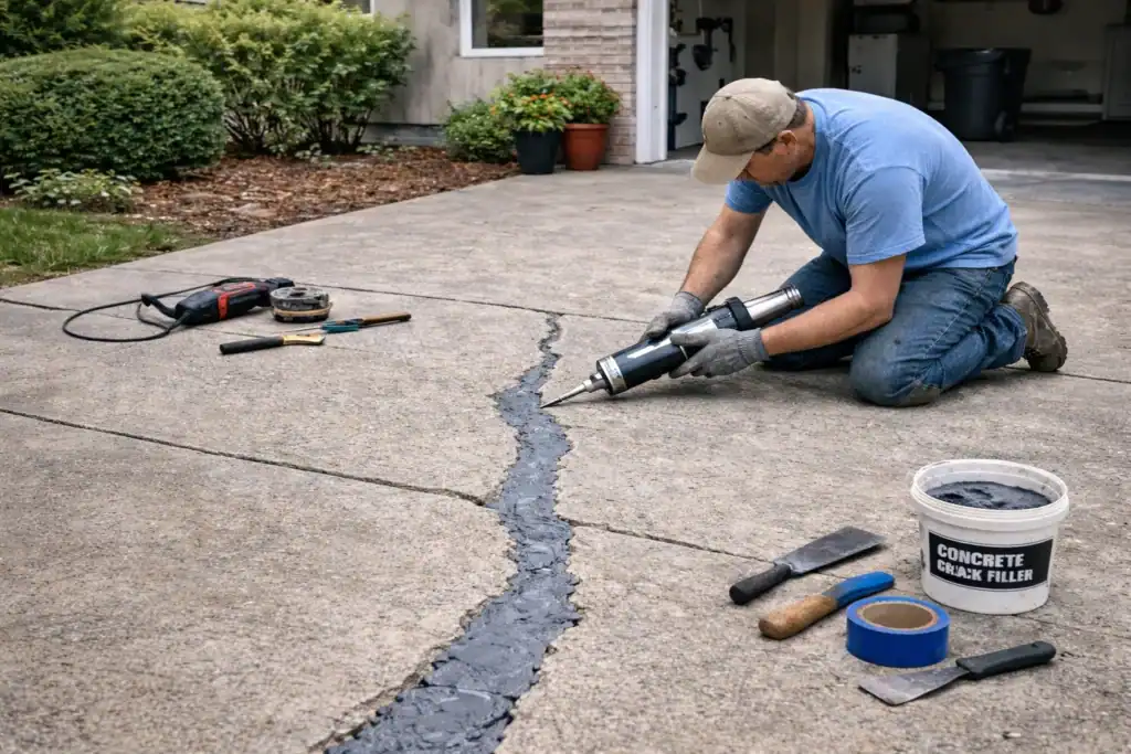 Concrete crack repair on residential driveway in Livermore CA