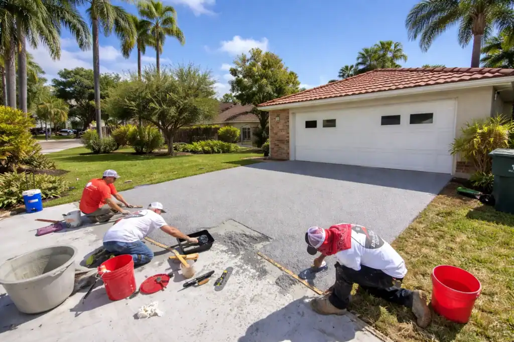 Concrete driveway repair in Livermore CA with contractors resurfacing and restoring residential concrete surface