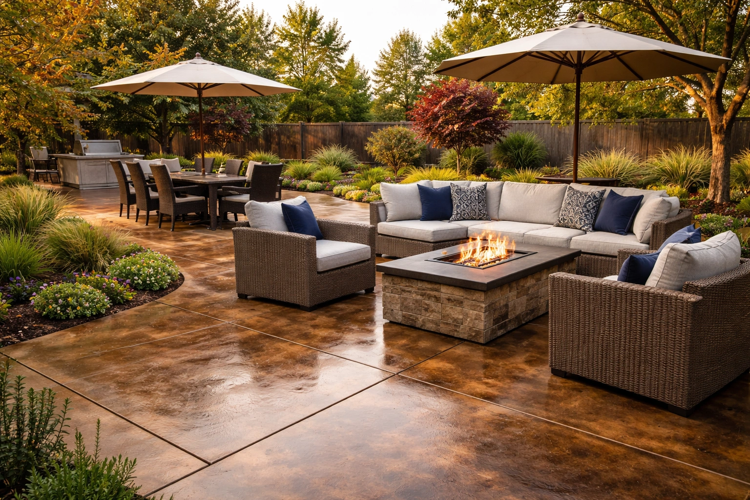 Concrete staining and sealing Livermore CA on residential patio with sealed decorative finish