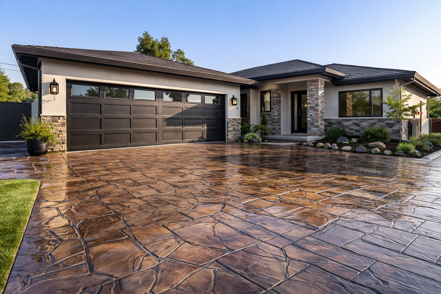 Decorative concrete driveway installation at a residential home in Livermore CA