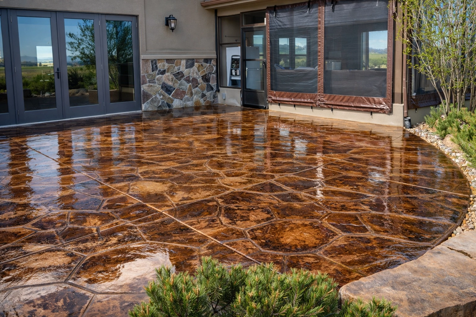 Decorative concrete staining Livermore CA with rich color and sealed finish on patio surface