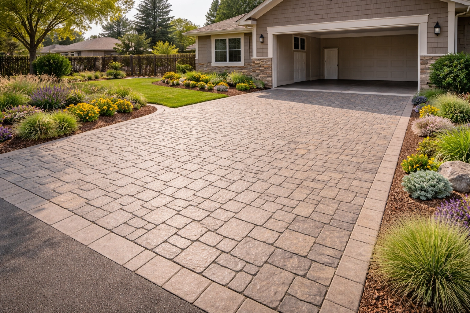 Stamped concrete driveway installation at a home in Livermore CA with decorative cobblestone pattern