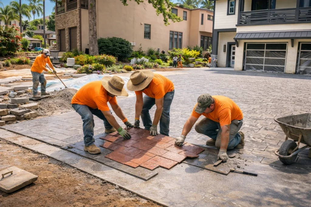 Stamped concrete installation in Livermore CA with contractors laying decorative concrete pattern