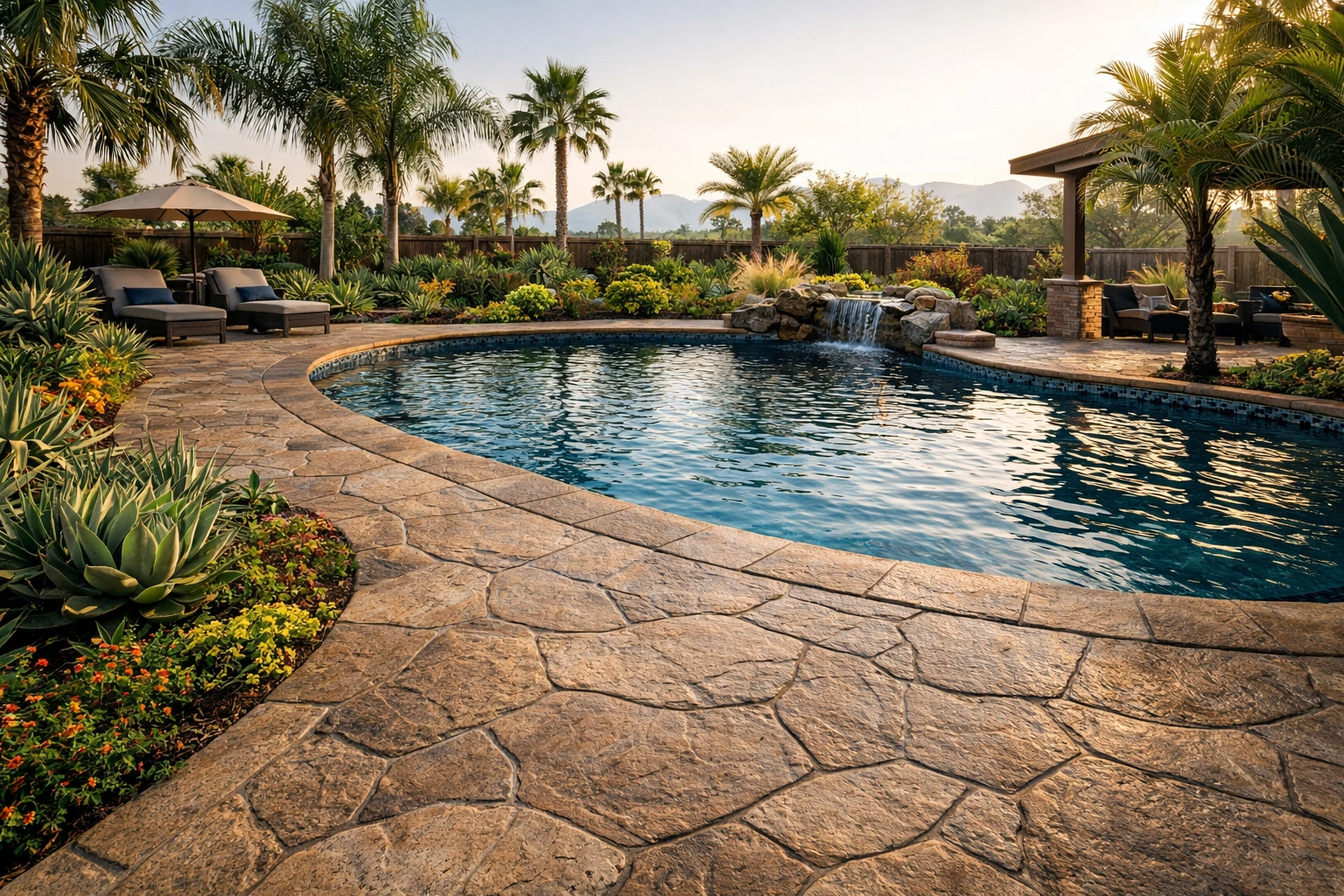 stamped concrete pool deck Livermore CA decorative pool deck design
