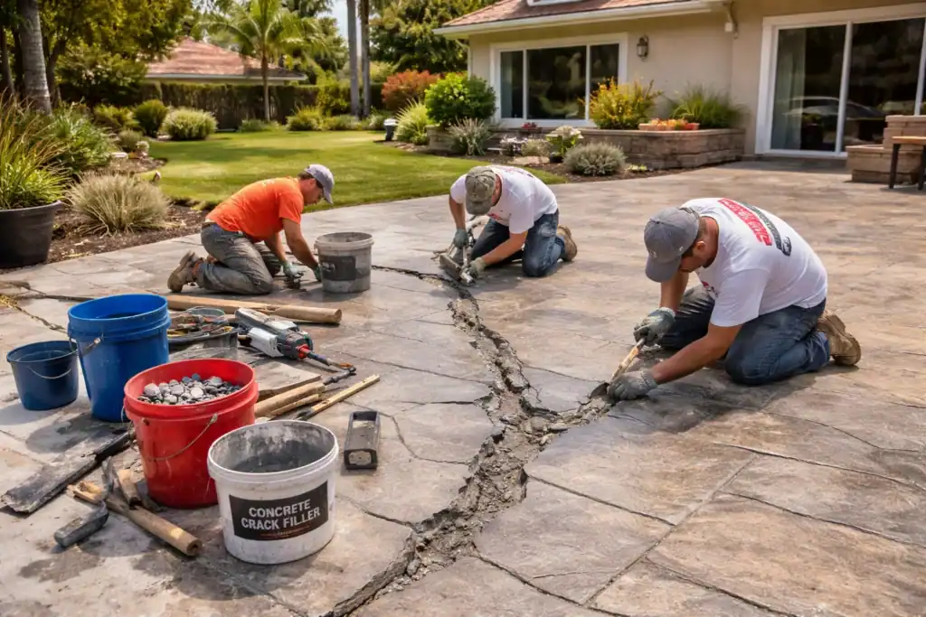 Stamped concrete repair in Livermore CA with contractors fixing large cracks and restoring decorative concrete surface