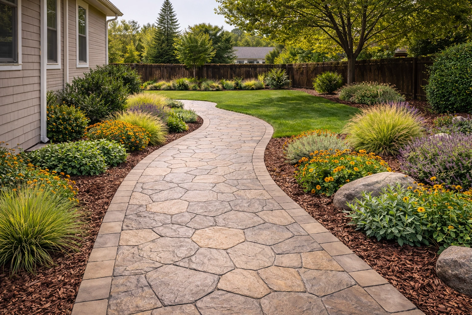 Stamped concrete walkway installation at a Livermore CA home with random stone pattern