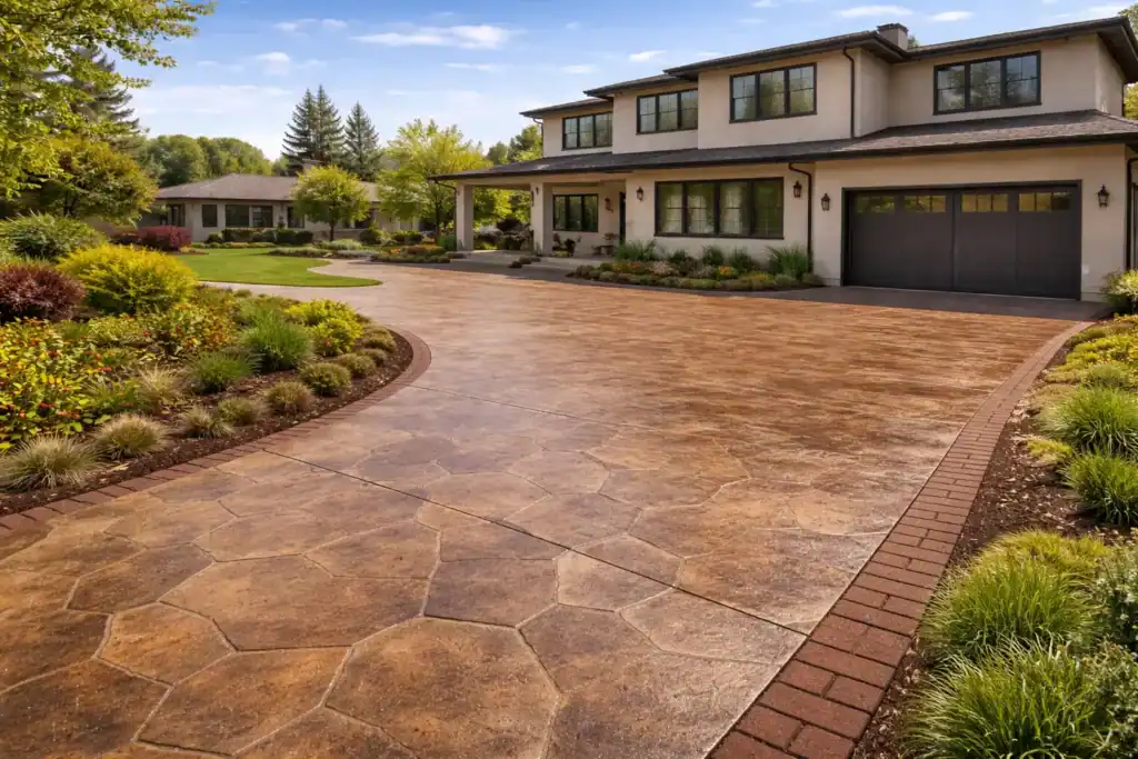 Stamped and stained concrete driveway at residential home in Livermore CA with decorative stone pattern and warm earth tone finish